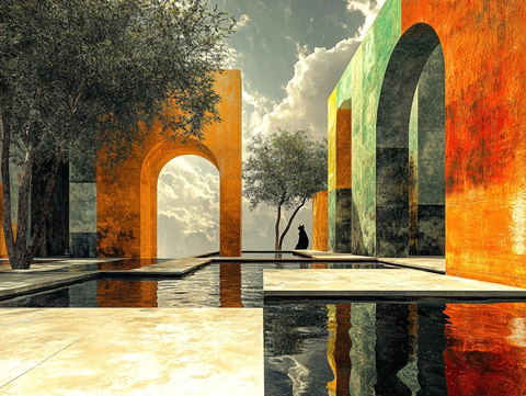 雕刻恶魔喷泉与银叶艺术