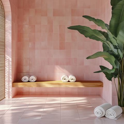 粉色瓷砖房间木质长凳