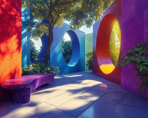 蓝色花海与彩色座椅