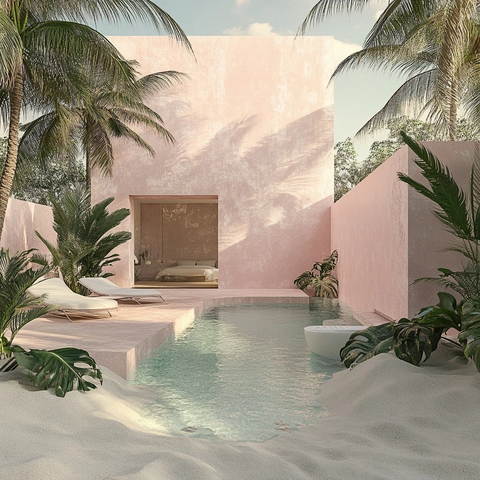 粉色沙滩别墅热带植物