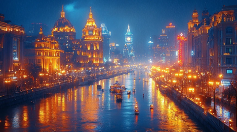 夜晚城市河流两岸灯火辉煌的景象