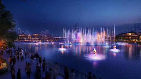 湖畔灯光喷泉秀夜景吸引众多市民观赏