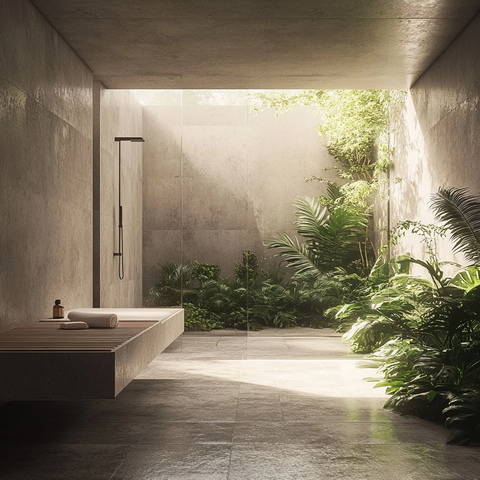 混凝土浴室与绿色植物