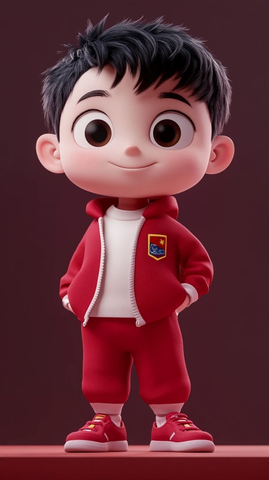 男孩站桌红色运动鞋中国旗