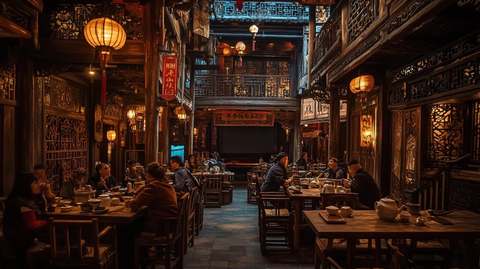 古色古香中式餐馆内顾客用餐的场景