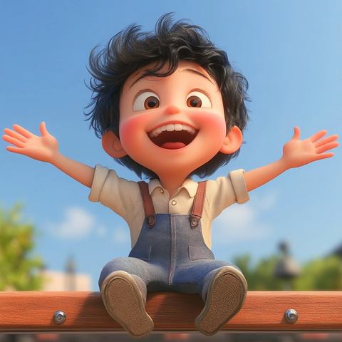 男孩坐凳张臂开心