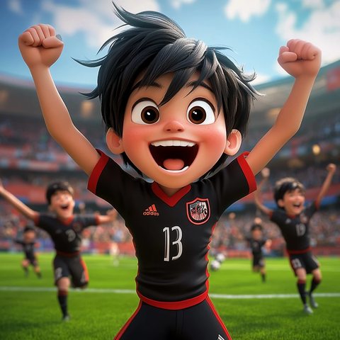 男孩足球胜利庆祝场景