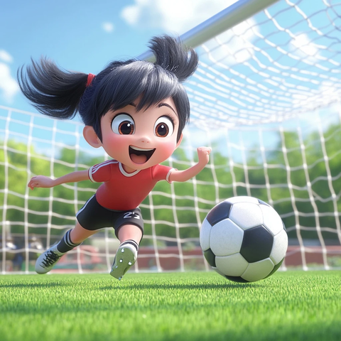 女孩踢球守门员倒地