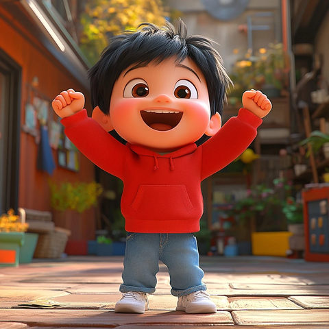 男孩穿红汗衫牛仔裤欢呼