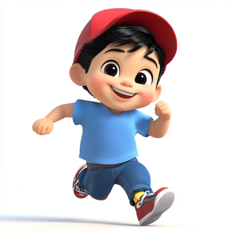 小男孩穿蓝恤红帽奔跑