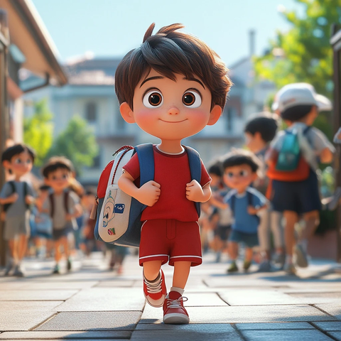 男孩背书包穿运动短裤走出校门