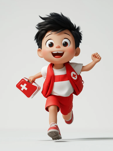男孩手持急救包向前奔跑