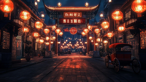 挂满红灯笼的古街夜景