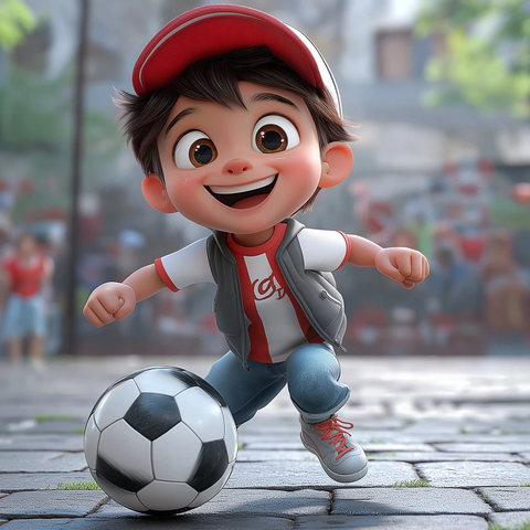 男孩踢足球戴棒球帽