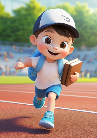 男孩跑步背书包卡通插画