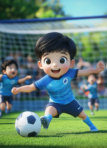 男孩踢足球朋友欢呼