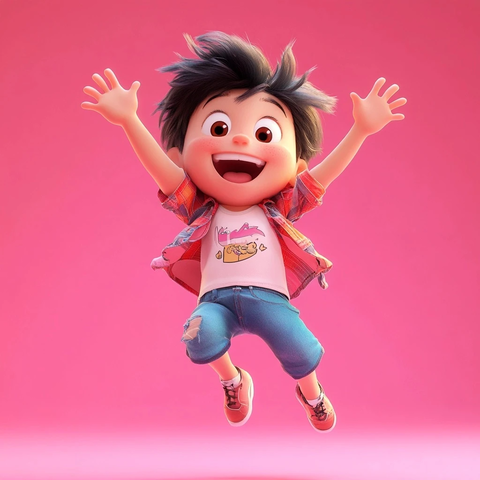 小孩跳跃粉色背景效果