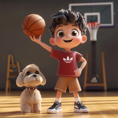 男孩扣篮篮球场小狗陪伴