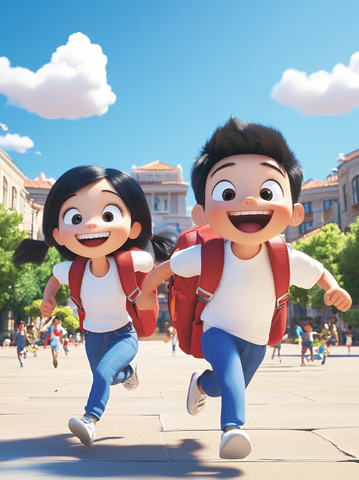 黑发男孩女孩背着红书包奔跑