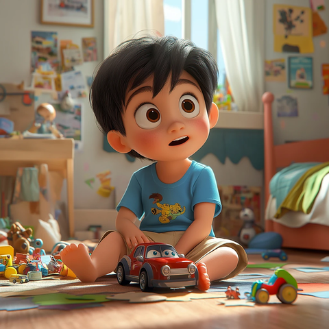 男孩玩玩具车房间凌乱