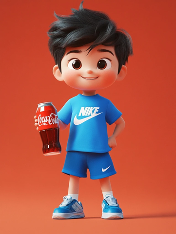 小男孩穿蓝色球衣手持可乐