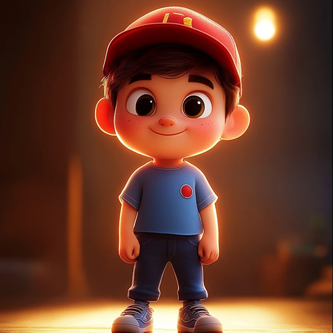 男孩戴红帽穿蓝衣微笑