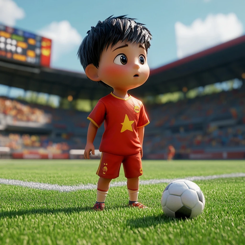 男孩穿足球队服球场迷茫