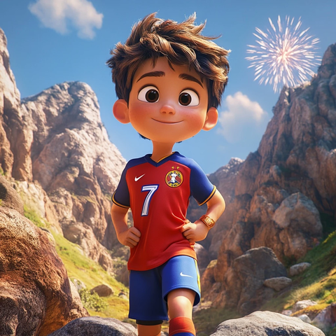 男孩攀登山峰遇见金色足球门