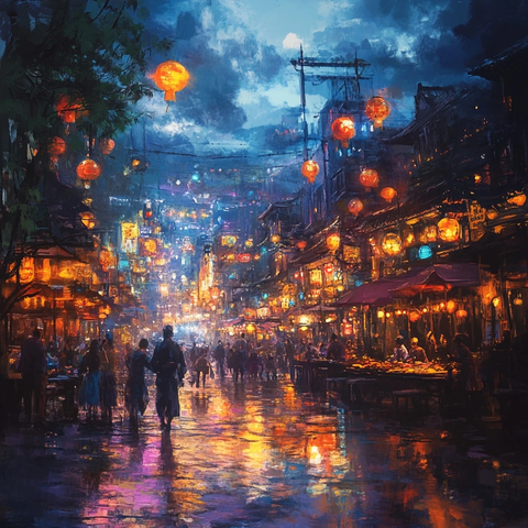 灯火通明的热闹夜市街道夜景