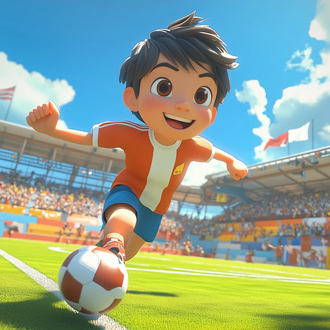 男孩踢足球彩色运动场景