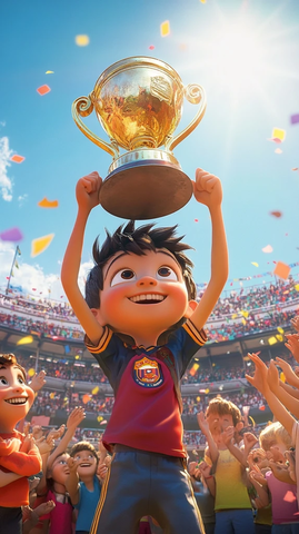 男孩高举冠军奖杯庆祝胜利