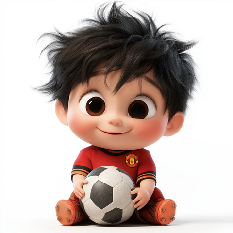 宝宝穿曼联球衣坐姿抱球