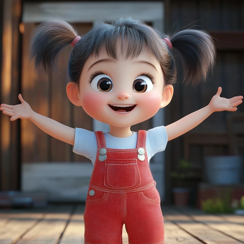 小女孩双马尾红色背带裤