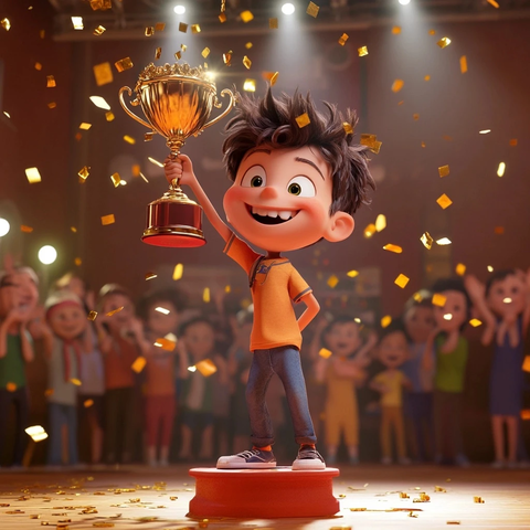 男孩舞台领奖捧金杯