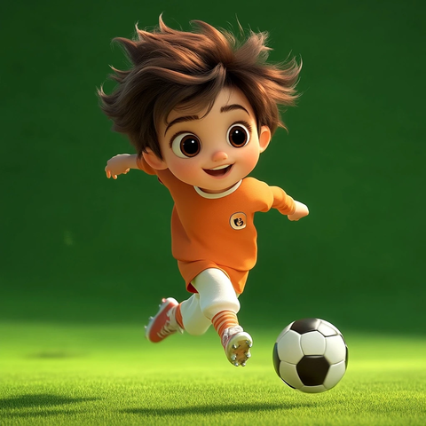 男孩踢足球棕发大眼绿茵场上