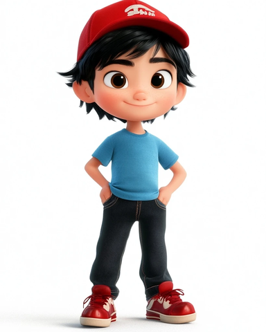 男孩黑发红帽蓝衣红鞋