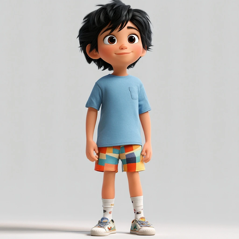 黑发男孩穿蓝恤彩裤