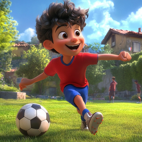 穿红衣蓝裤踢足球