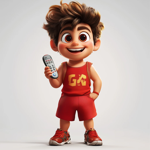 红衣青年手持遥控器微笑