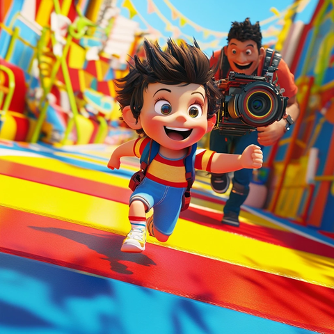 儿童奔跑彩色路径追逐