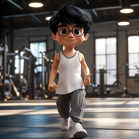 男孩穿运动服戴眼镜在健身房