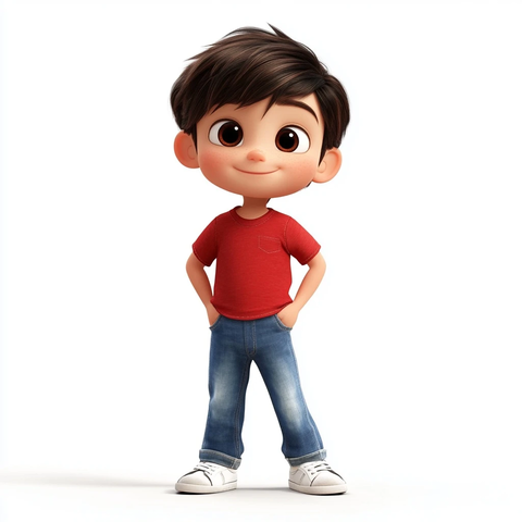 男孩红衣蓝裤白鞋