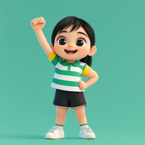 小女孩举手握拳站立