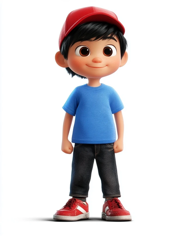 男孩黑发红帽黑裤红鞋