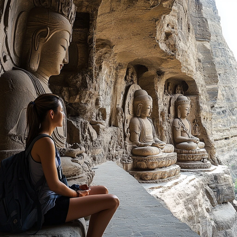 女子静坐观赏云冈石窟佛像