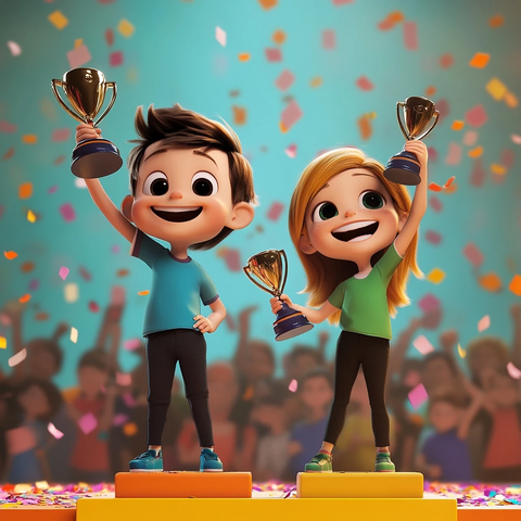 孩子站颁奖台拿奖杯