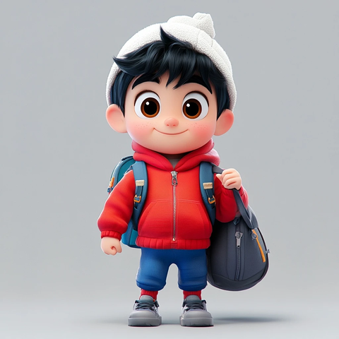 男孩红夹克蓝裤灰鞋背书包