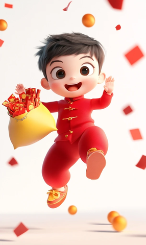 男孩跳跃拿着红包