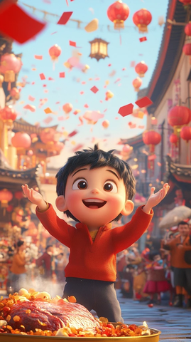 卡通男孩举手笑迎春节