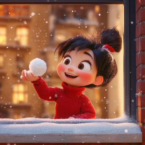 小女孩窗台制作雪球